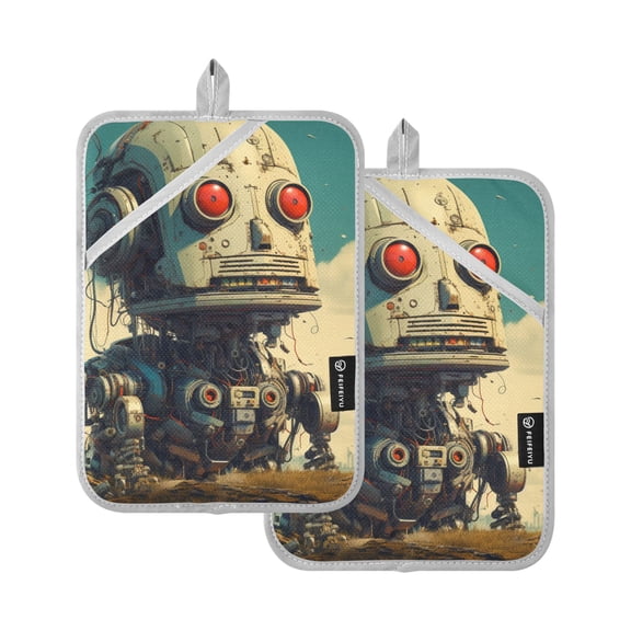 Retro Big Head Robot Oven Mitts Pot Holders 2 pcs Heat Resistant for Kitchen Baking Grilling