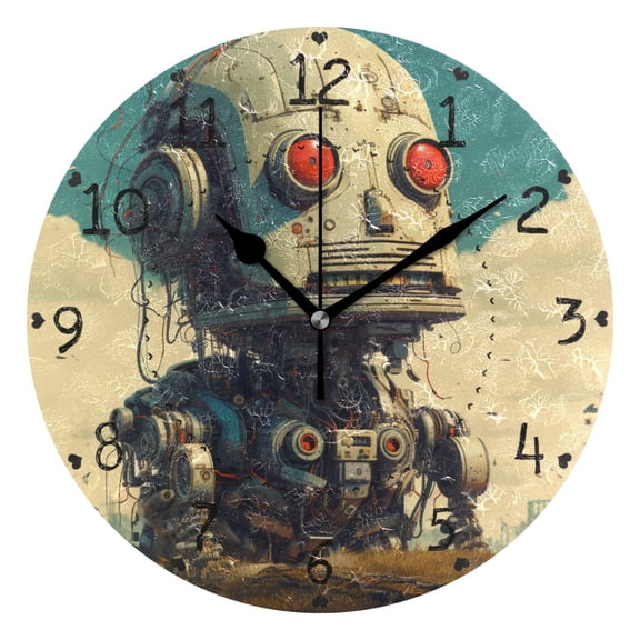 Retro Big Head Robot Round Wall Clock Silent Battery Operated Home Decor for Living Room Bedroom