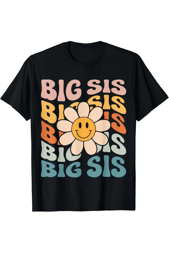 Retro Big Sis Flower Smiley Face Groovy Sister Birthday Gift Unisex T-Shirt, S-5XL