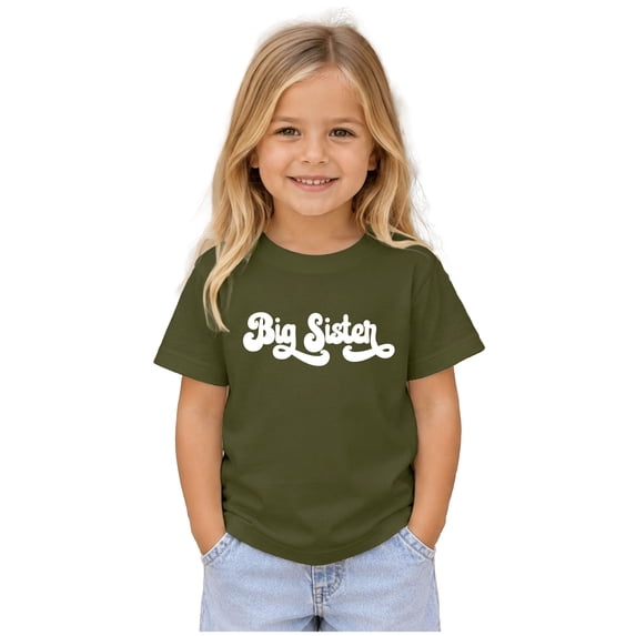 Retro Big Sister Sibling Reveal Announcement Shirt for Baby and Toddler Girls Sibling Outfits Military Green Shirt