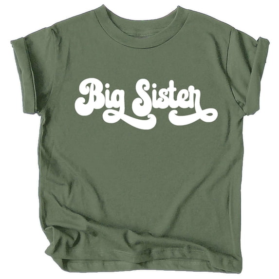 Retro Big Sister Sibling Reveal Announcement Shirt for Baby and Toddler Girls Sibling Outfits Military Green Shirt