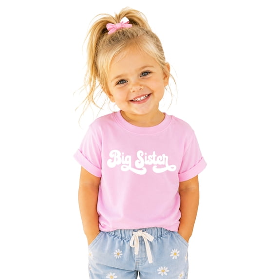 Retro Big Sister Sibling Reveal Announcement Shirt for Baby and Toddler Girls Sibling Outfits Pink Shirt