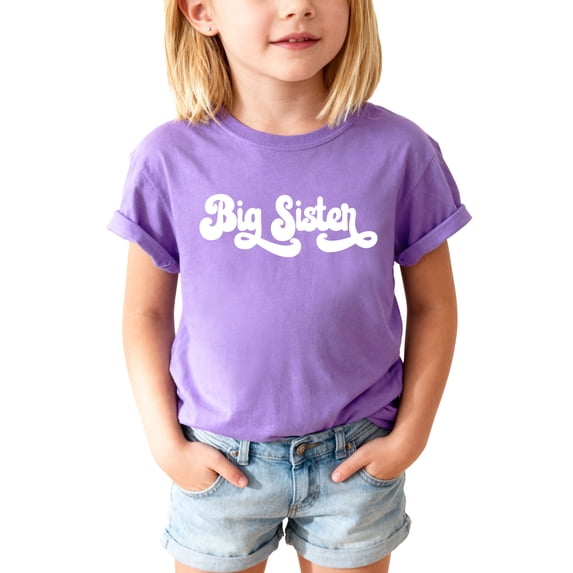 Retro Big Sister Sibling Reveal Announcement Shirt for Baby and Toddler Girls Sibling Outfits Purple Shirt
