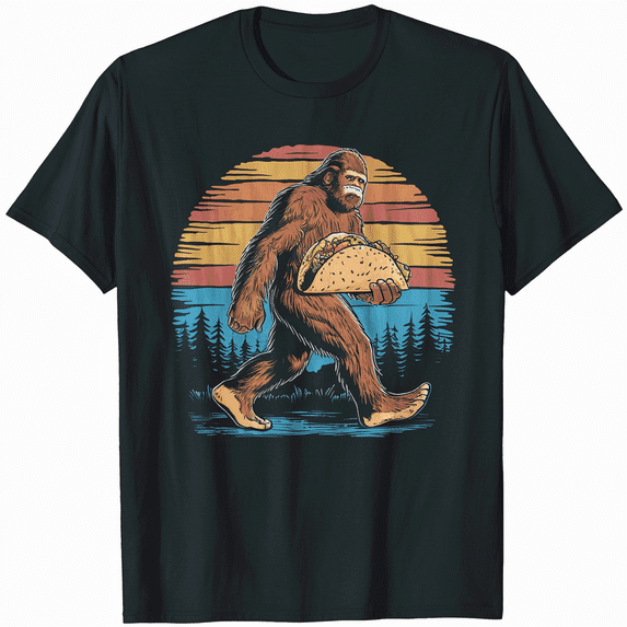 Retro Bigfoot Carrying Taco Funny Cinco de Mayo Sasquatch T-Shirt