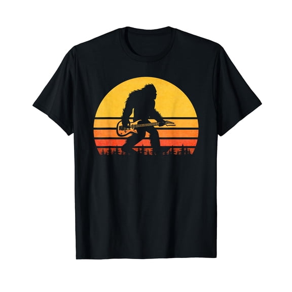 Retro Bigfoot Guitar Black T-Shirt, Vintage Sasquatch Rocker Tee