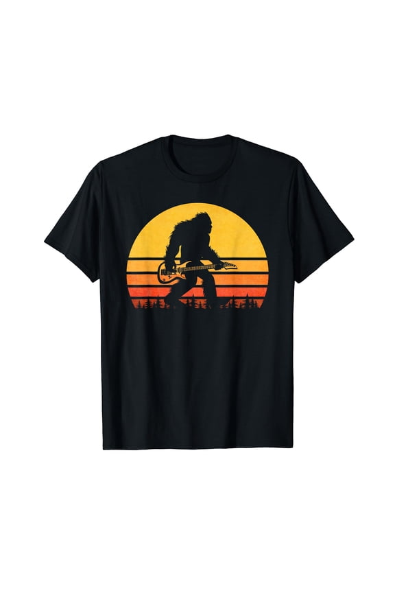 Retro Bigfoot Guitar Black T-Shirt, Vintage Sasquatch Rocker Tee