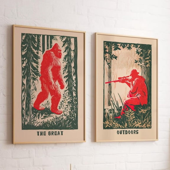 Retro Bigfoot Hunter Wall Art Hunting Cabin Outdoorsy Nature Dad Rustic Set 2 Unframed Paper Print