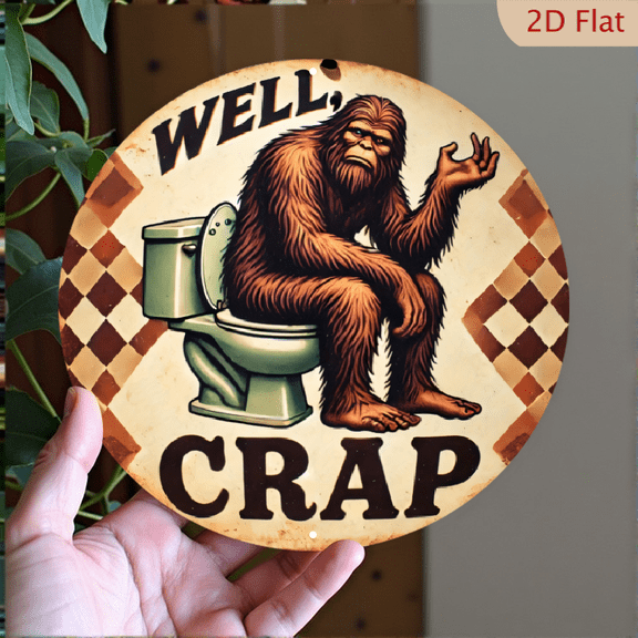 Retro Bigfoot Sitting on Toilet Metal Wall Art, Funny Sasquatch Bathroom Decor, 8x8 Inch Circular Aluminum Sign for Home and Office Wall Hanging