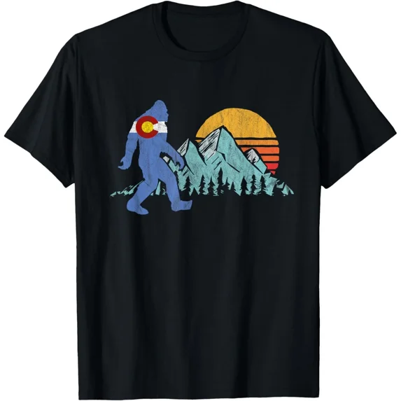 Retro Bigfoot Sun Mountain Colorado Nature Adventure Graphic Unisex T-Shirt up to size 5XL