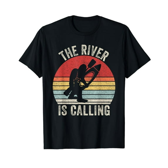 Retro Bigfoot The River Is Calling Shirt Kayak Sasquatch Men Women Vintage T-Shirt