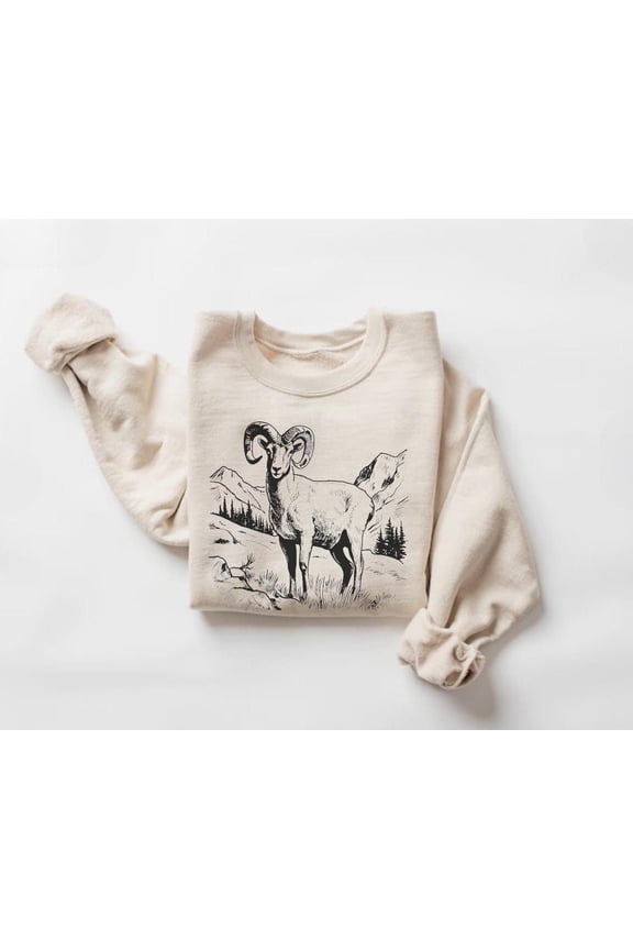 Retro Bighorn Sheep Crewneck Sweatshirt, Rocky Mountains Nature Scene, Animal Sweater, Mountain Goat Pullover500 Tshirt All Size S-5XL