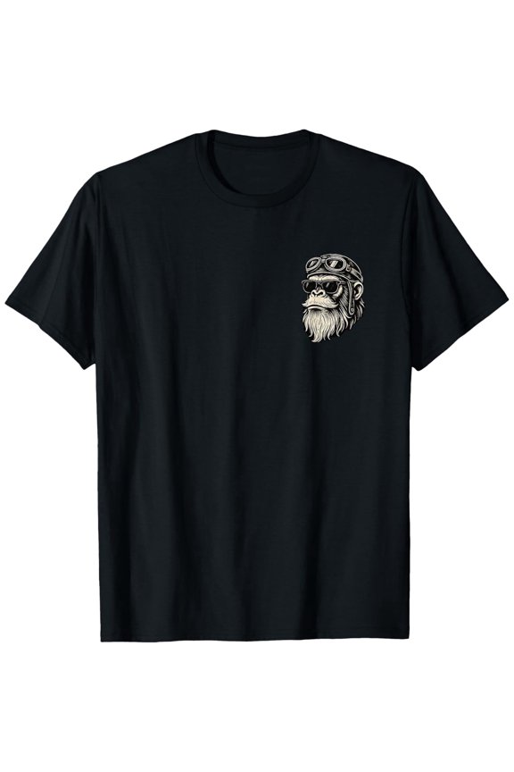 Retro Biker Gorilla with Beard and Aviator Goggles Graphic Tee - Cool Vintage Ape Pilot Men's Unisex Short Sleeve Cotton T-Shirt - Funny Animal Biker Design
