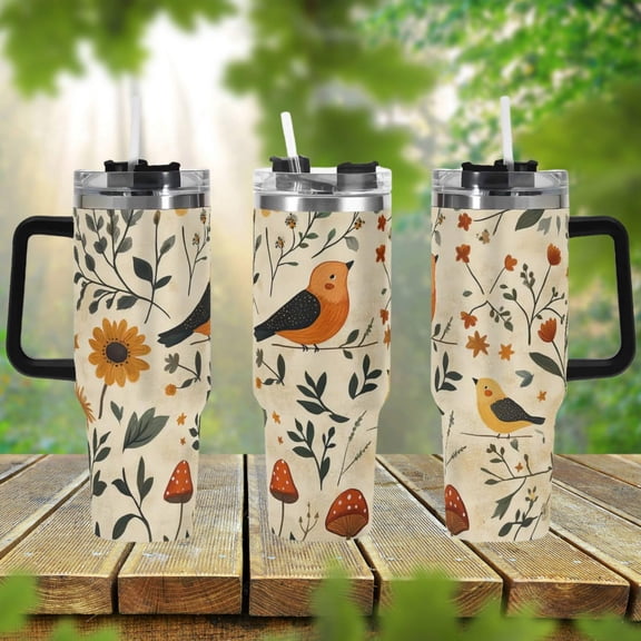 Retro Bird Cottagecore 40oz Stainless Steel Tumbler With Handle Lid and Straw, Cute Floral Drink Cup, Travel Tumbler, Fun Tumbler Gift