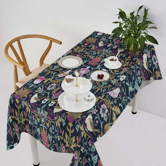Retro Bird Floral Tablecloth, Bohemia William Morris Original Design Print Table Cover for Home Picnic Party Dining Room Kitchen Decor, (Pink Strawberry Thief) 60x84inch
