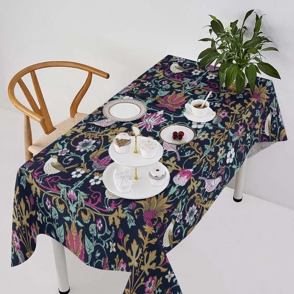 Retro Bird Floral Tablecloth, Bohemia William Morris Original Design Print Table Cover for Home Picnic Party Dining Room Kitchen Decor, (Pink Strawberry Thief) 55x55inch