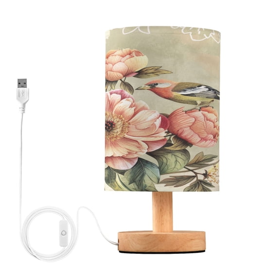 Retro Bird Peony Flower Bedside Table Lamp Desk Warm Lights with USB Charging Port Cylinder LED Lamps for Bedroom Living Room Office
