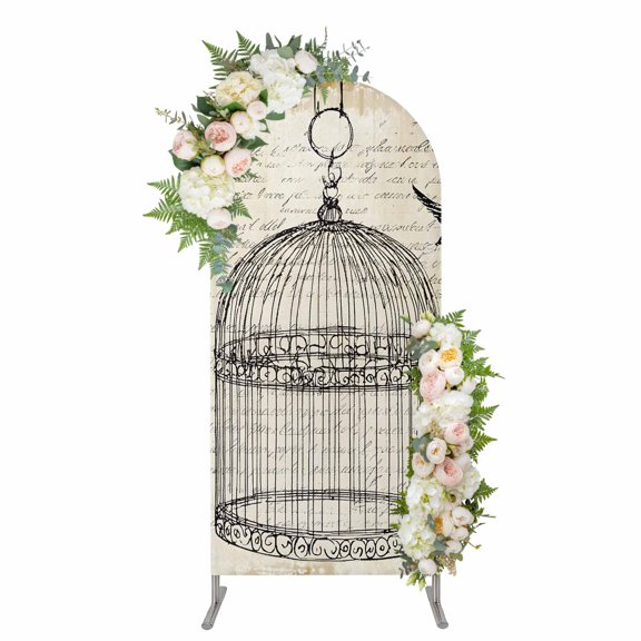 Retro Birdcage Arch Backdrop Cover 4FT, Vintage Abstract Art Bird Spandex Fitted Stretchy Arch Stand Covers, Round Top Chiara Backdrop Cover for Wedding Party Birthday Baby Shower