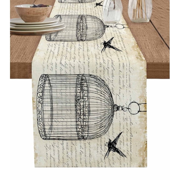 Retro Birdcage Table Runner 48 Inches, Vintage Abstract Art Bird Bed Runner Dresser Scarves Tabletop for Indoor Outdoor Parties/Ceremony/Banquet, 13" x 48"
