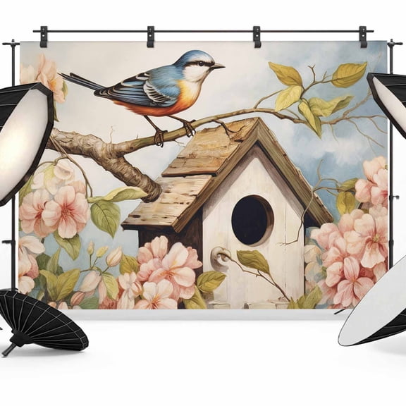 Retro Birdhouse Backdrop for Photography,Fabric Photo Background Backdrop,Pink Spring Floral Birds Vintage Photo Booth Background for Portrait Photoshoot Video Wedding Studio Decoration Banner 7x5ft