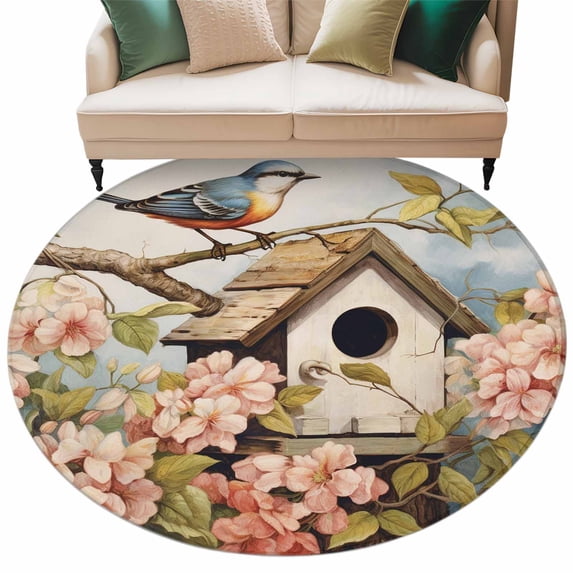 Retro Birdhouse Large Area Rugs for Bedroom Living Room, Soft Non Slip Carpet Bedside Rug, Pink Spring Floral Birds Vintage Round Floor Cover Kitchen Accent Rug 7' for Dining Room/Office