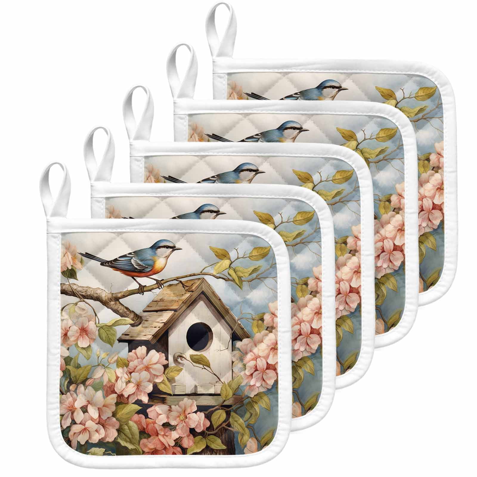 Retro Birdhouse Pot Holders for Kitchen Heatproof Potholder, 5 Pack Pink Spring Floral Birds Vintage Hot Pads Multipurpose Oven Pads Cloth Potholders Trivet for Cooking Baking