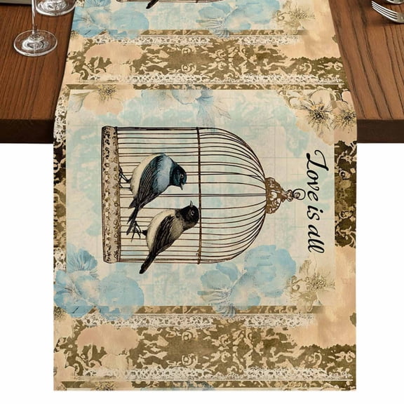 Retro Birds Cage 36 Inch Table Runner, Watercolor Floral Pattern Farmhouse Dresser Scarf Cotton & Linen Tablerunner for Dining/Kitchen Island/Holiday Party Décor Small 13" x 36"