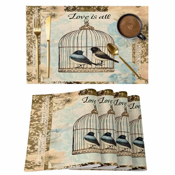 Retro Birds Cage Placemats Set of 4 Watercolor Floral Pattern Place Mats Indoor Wipeable Table Mats Washable Cloth Dining Table Placemats for Kitchen Holiday Party Home Decor 13x19 Inch
