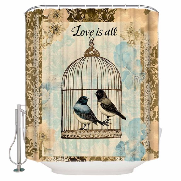 Retro Birds Cage Shower Curtains for Bathroom Waterproof Fabric Bath Curtains Decor Bath Tub Curtain Watercolor Floral Pattern Decorative Shower Curtain Sets with 12 Hooks, 72x72 Inch