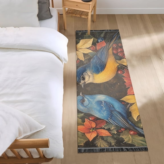 Retro Birds Couple on Garland Autumn Bedside Runner Rug 2'x 6' Non Slip Carpet Floor Mat Area Rug