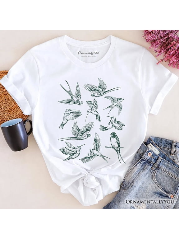 Retro Birds Nature T-Shirt, Vintage Green Bird Illustration Tee