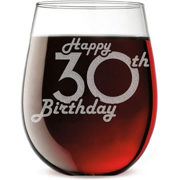 Retro Birthday Etched 17oz Stemless Wine Glass 30th Birthday Gift