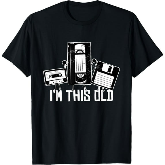 Retro Birthday VHS Tape Cassette Floppy Disk I'm This Old T-Shirt men and women can wear, black, white, gifts