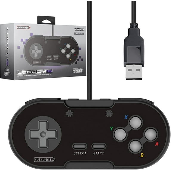 Retro-Bit Legacy 16 Wired USB Controller - Features Home, SS & ZL/ZR Buttons - for Switch, PC, MacOS, RetroPie, Raspberry Pi (Black - Onyx)