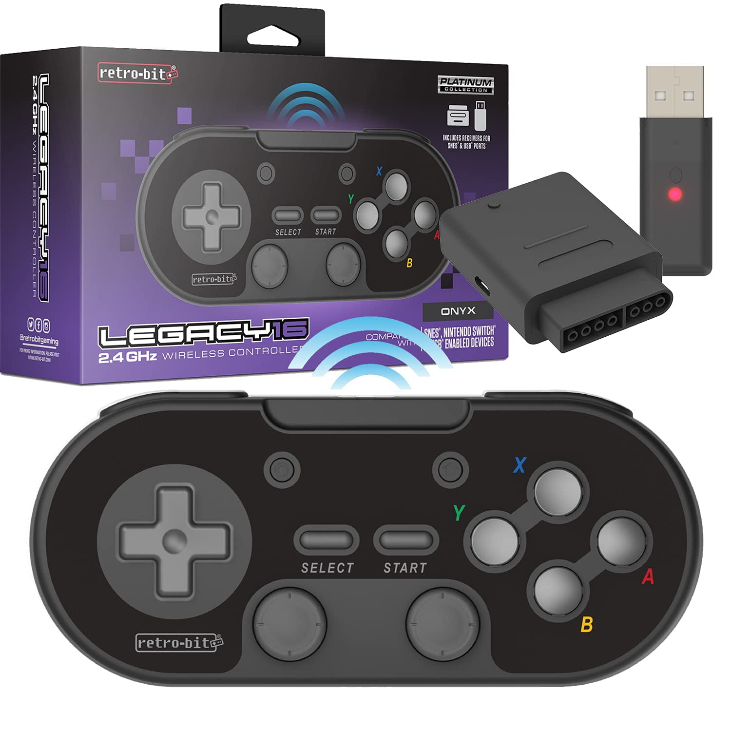 Retro-Bit Legacy 16 Wireless 2.4GHz Controller for Nintendo SNES, Switch,  PC, MacOS, RetroPie, Raspberry Pi and Other USB Devices (Black - Onyx)