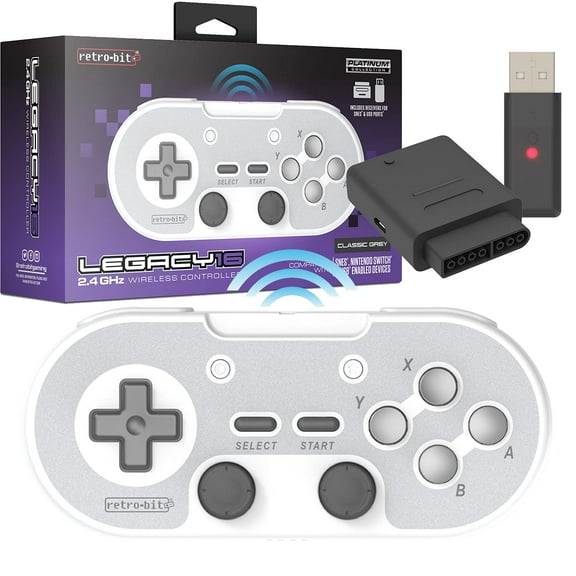 Retro-Bit Legacy 16 Wireless 2.4GHz Controller for SNES, Switch, PC, MacOS, RetroPie, Raspberry Pi and Other USB Devices (Gray Classic)
