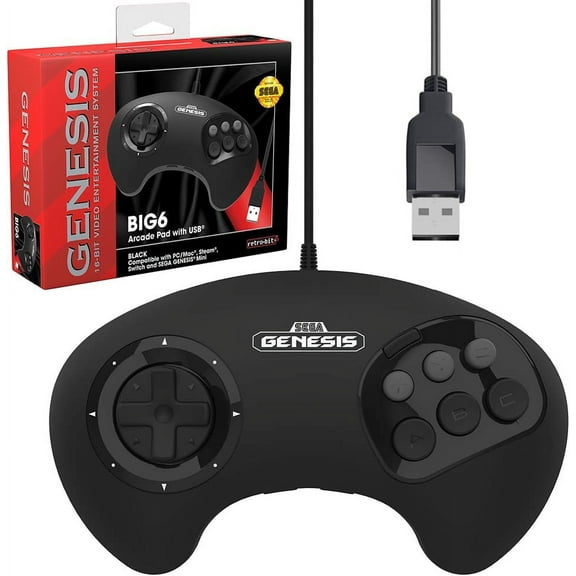 Retro-Bit Official Sega Genesis BIG6 Style USB Arcade Controller 6-Button Pad for Sega Genesis Mini, Switch, PC, Mac, Steam, RetroPie, Raspberry Pi - USB Port - Black