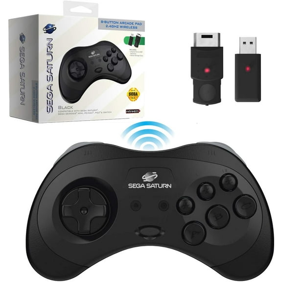 Retro-Bit Official Sega Saturn 2.4 GHz Wireless Controller 8-Button Arcade Pad for Sega Saturn, Sega Genesis Mini, Nintendo Switch, PS3, PC, Mac - Includes 2 Receivers & Storage Case -Black