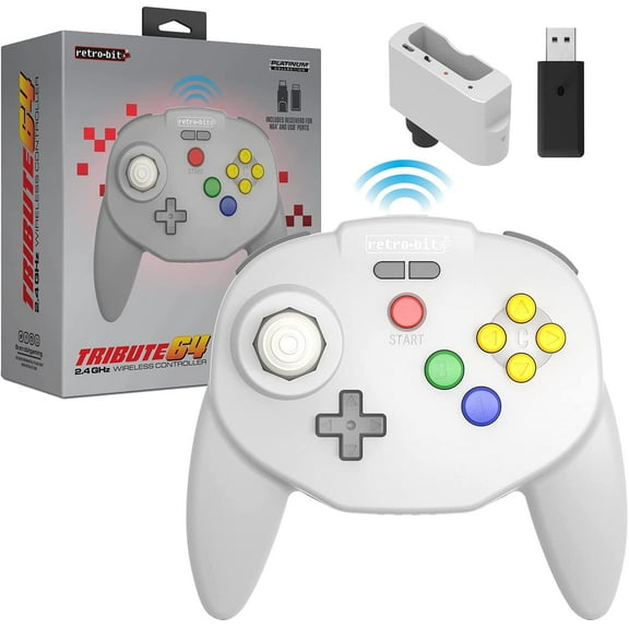 Retro-Bit Tribute 64 2.4 GHz Wireless Controller for Nintendo 64 (N64), Switch, PC, MacOS, RetroPie, Raspberry Pi and Other USB Devices - Classic Grey