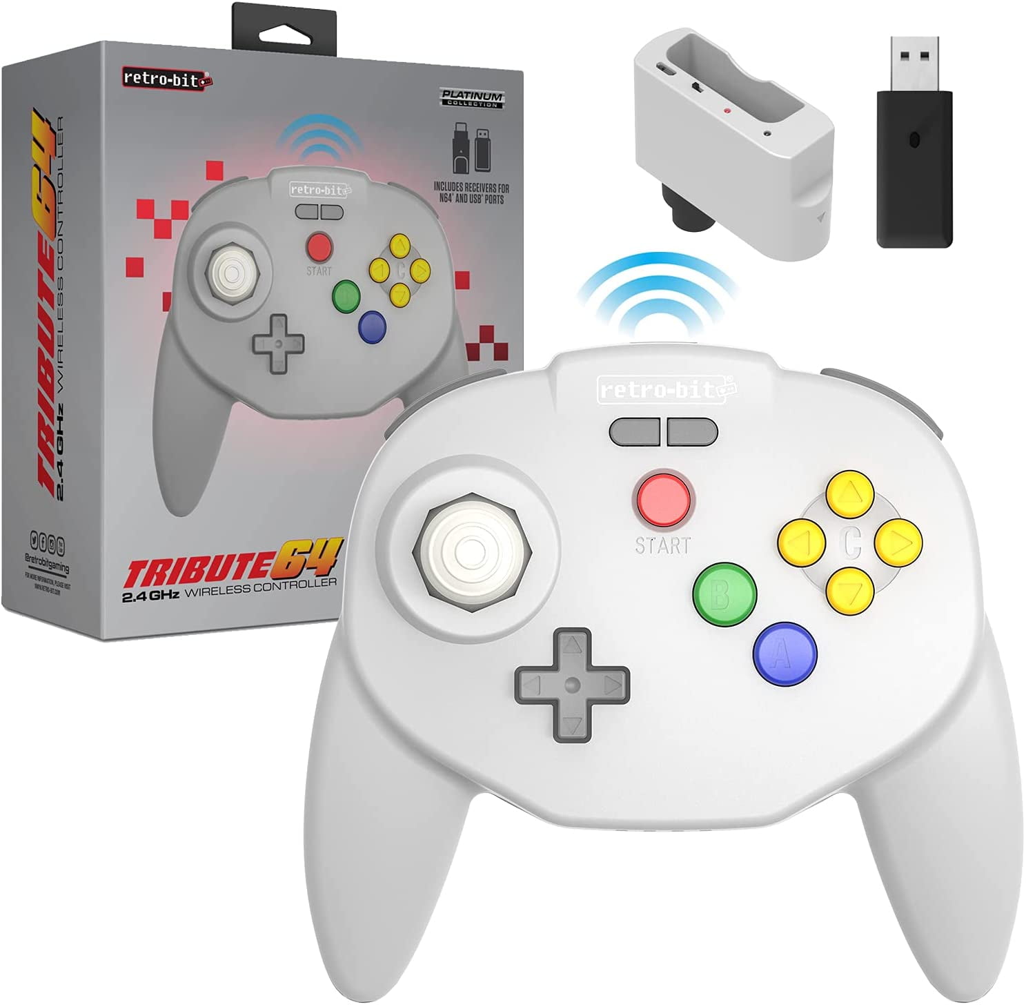 Retro-Bit Tribute 64 2.4 GHz Wireless Controller for Nintendo 64 (N64),  Switch, PC, MacOS, RetroPie, Raspberry Pi and Other USB Devices - Classic  Grey 