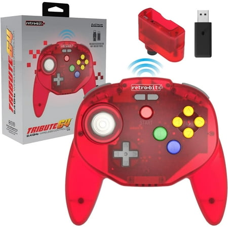 Retro-Bit Tribute64 2.4GHz Wireless Controller for Nintendo 64 (N64), Switch, PC, MacOS, RetroPie, Raspberry Pi and Other USB Devices (Clear Red)