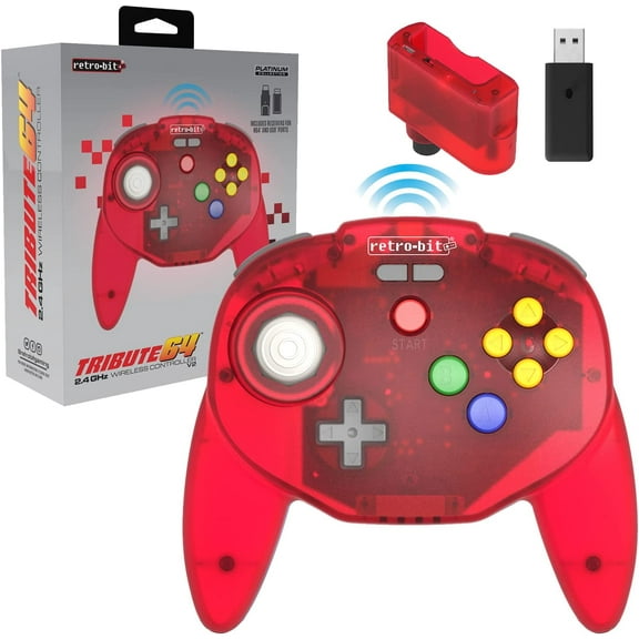 Retro-Bit Tribute64 2.4GHz Wireless Controller for Nintendo 64 (N64), Switch, PC, MacOS, RetroPie, Raspberry Pi and Other USB Devices (Clear Red)