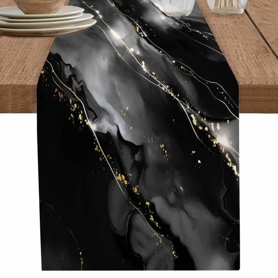 Retro Black Abstract Marble Texture Table Runner-70 Inch Long Minimalist Art Table Runners Linen Burlap Tablerunner for Kitchen Dining Room Holiday Party