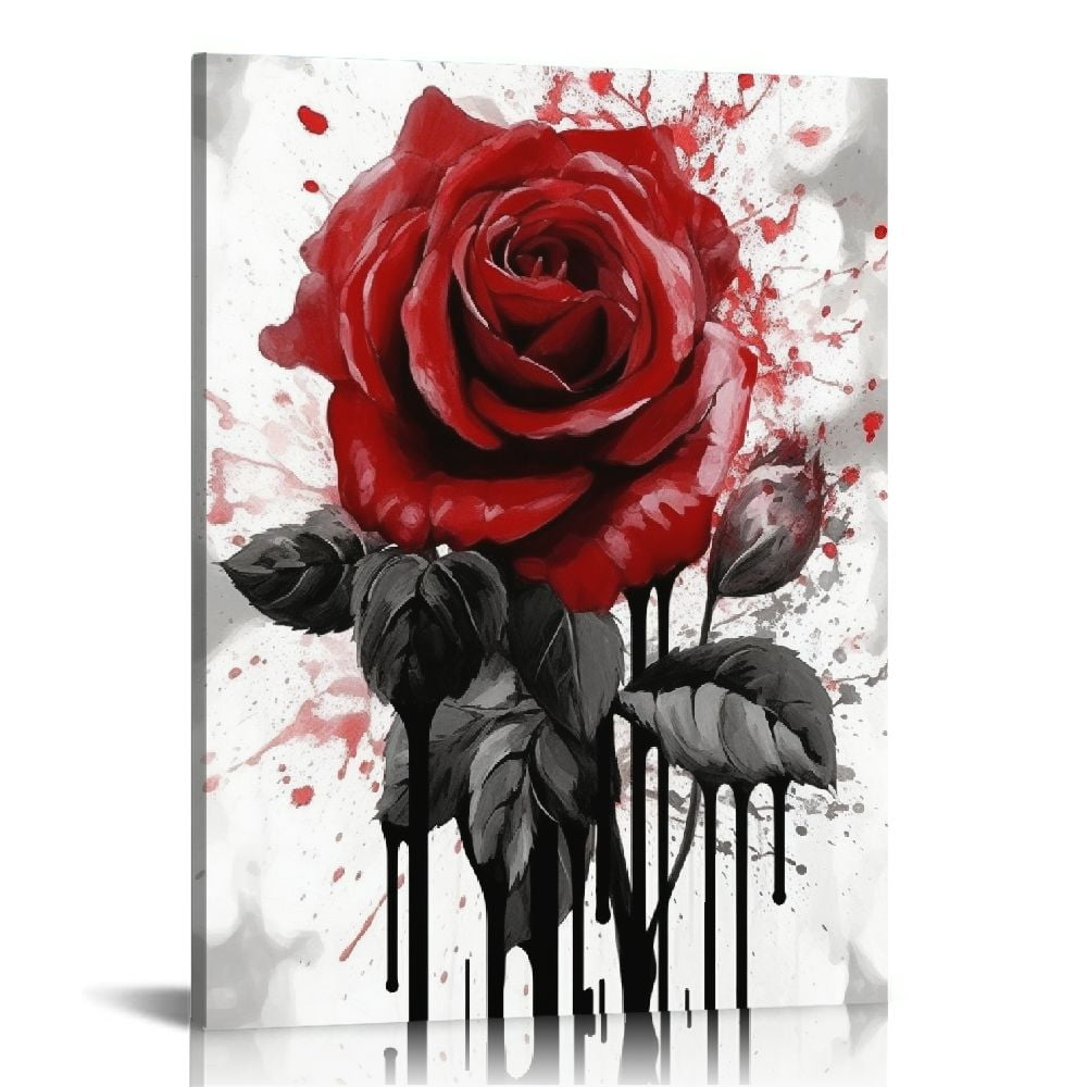 Retro Black And White Red Rose Flower Ink Painting Picture Print For ...