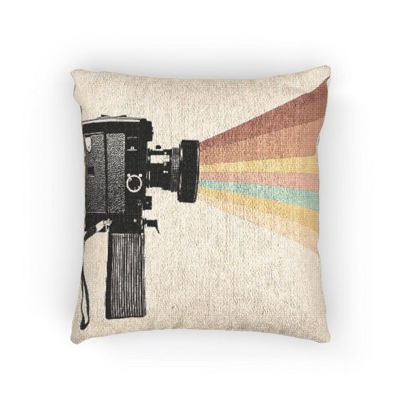 Retro Black Camera with Red and Orange Rainbow Beams Woven Pillow, 17 x 18 in, Cotton-Polyester Shell