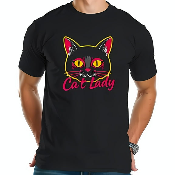 Retro Black Cat Face Graphic T-Shirt for Cat Lovers - 'Cat Lady' Bold Pink Text - Cotton Short Sleeve Tee