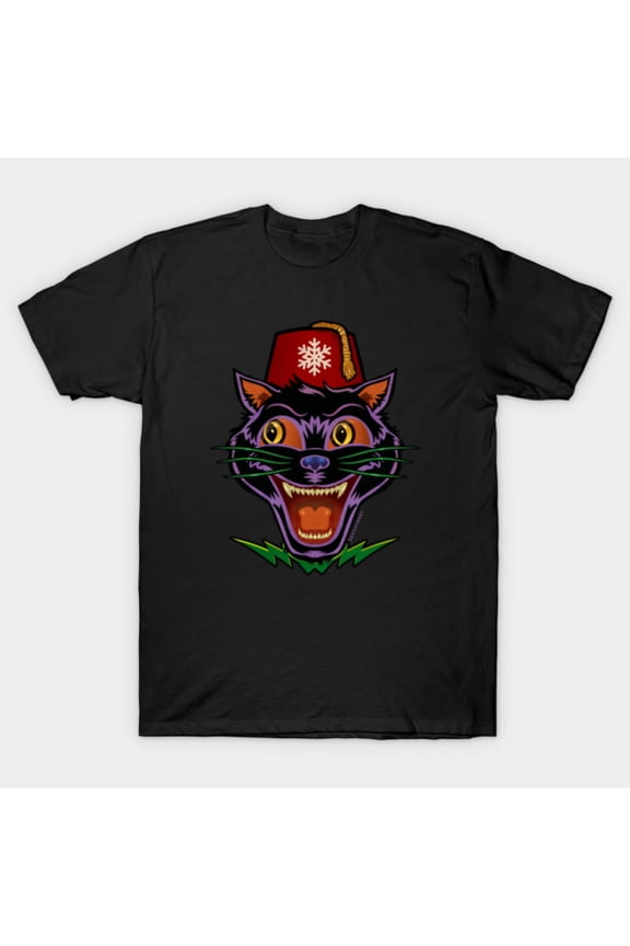 Retro Black Cat Fez Snowflake Vintage Christmas Winter Unisex T-Shirt, for men & women, up to size 5XL