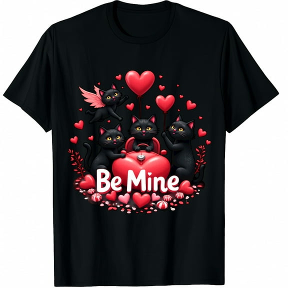 Retro Black Cat Heart Valentines Day Cute Kitten Lover Graphic Black T-Shirt for Men and Women