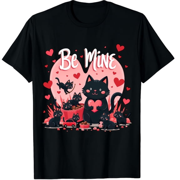 Retro Black Cat Heart Valentines Day Cute Kitten Lover Graphic Crew Neck Short Sleeve T-Shirts (Men's, Women's)