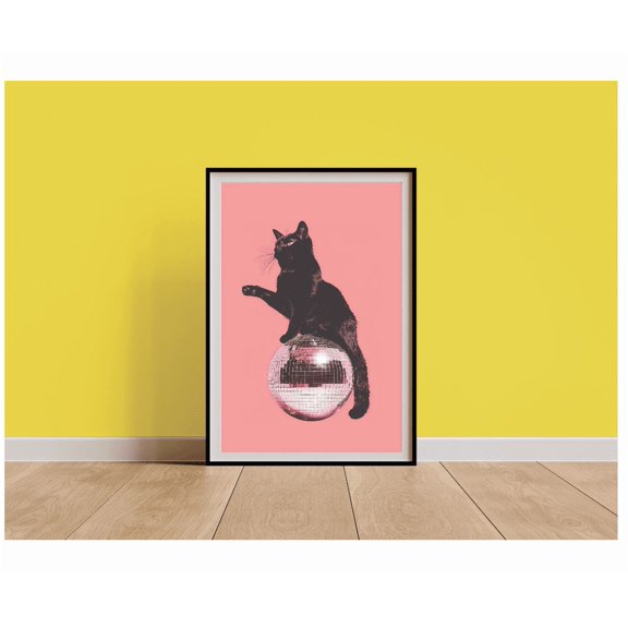 Retro Black Cat Poster Disco 70S Postercat Disco Ball Wall Artcool Collageluxury Mirrorball Girly Dorm Room Arttrend Cat Lover Gift