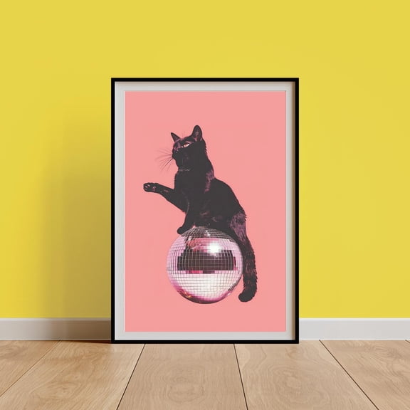 Retro Black Cat Poster Disco 70s Print Cat Disco Ball Wall Art Cool Collage Luxury Mirrorball Girly Dorm Room Art Trend Cat Lover Gift